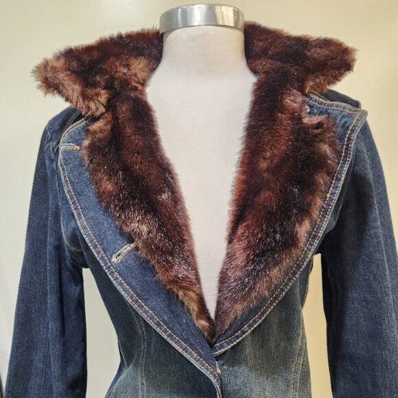 💋🦋UBER GORGE🦋 💋Maxi Sanded Dark Wash DenimTrench with Vegan Mink Fur Collar - Picture 4 of 10